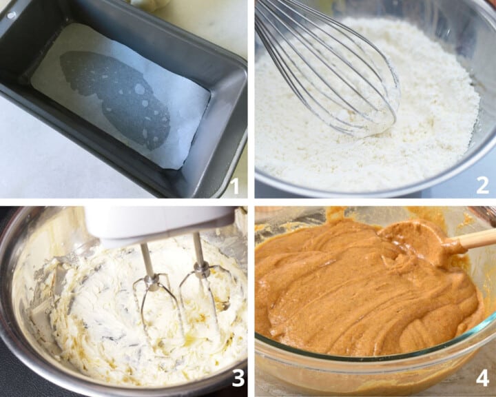 4 pictures showing how to make pumpkin bread with chocolate chips.