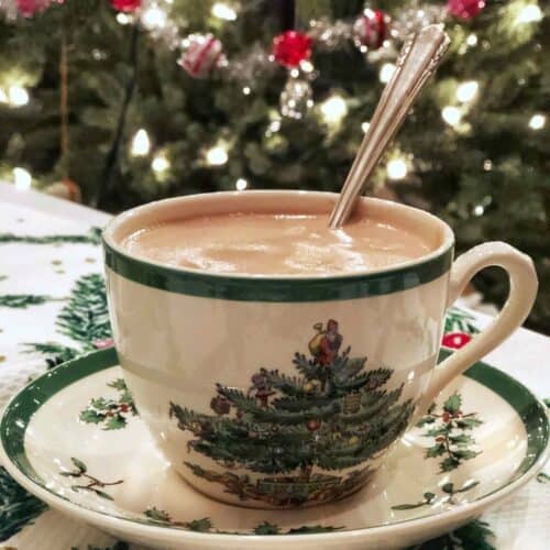 thick hot chocolate in a Spode Christmas cup