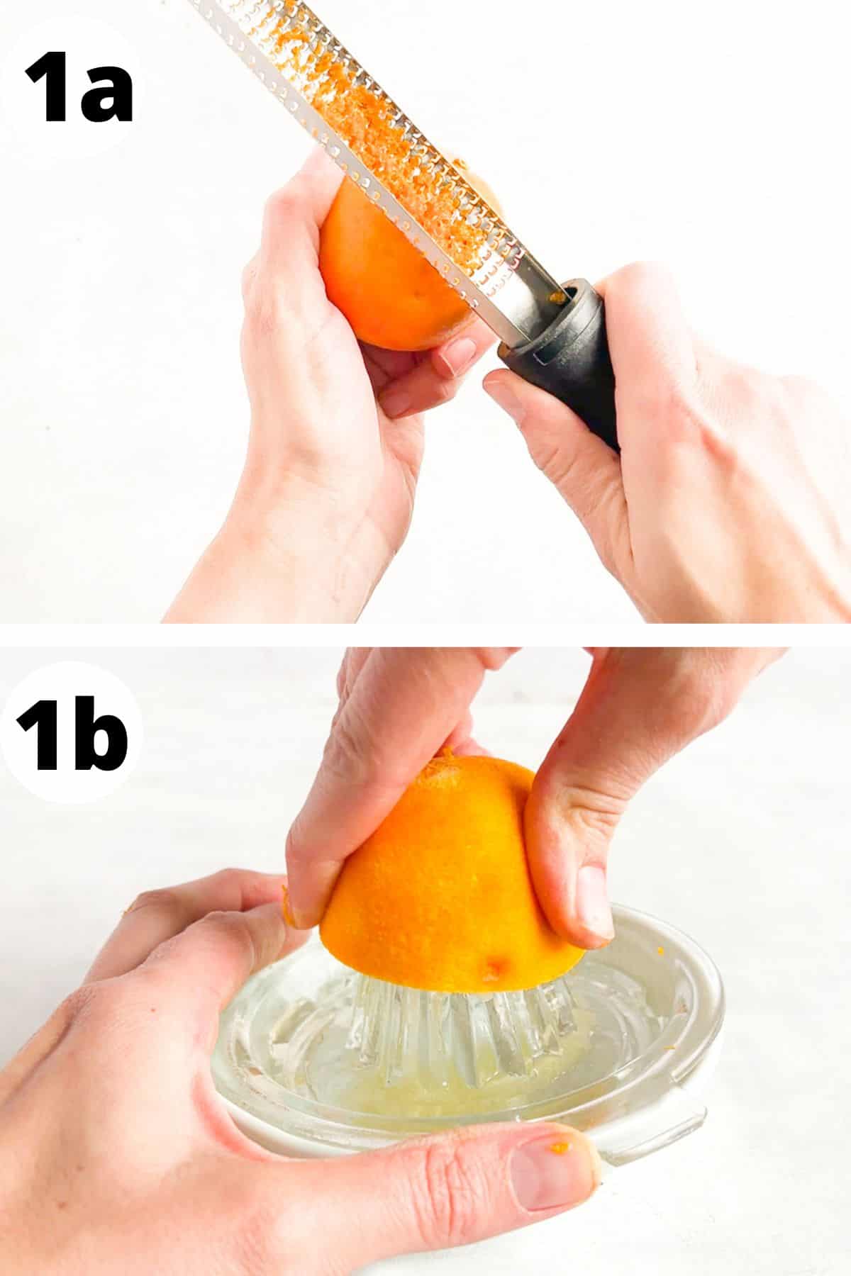 two images showing how to zest and juice orange. 