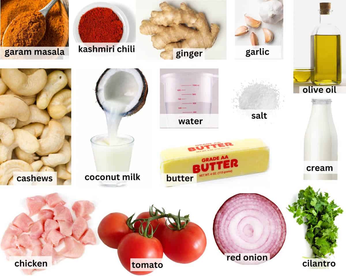 ingredients laid flat for butter chicken.
