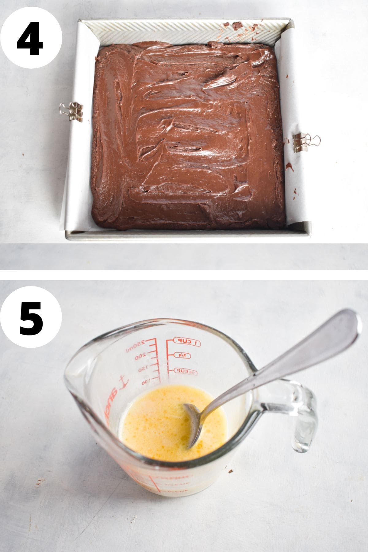 two photos showing chocolate fudge layer smoothed in pan and  milk and butter in glass measuring cup. 