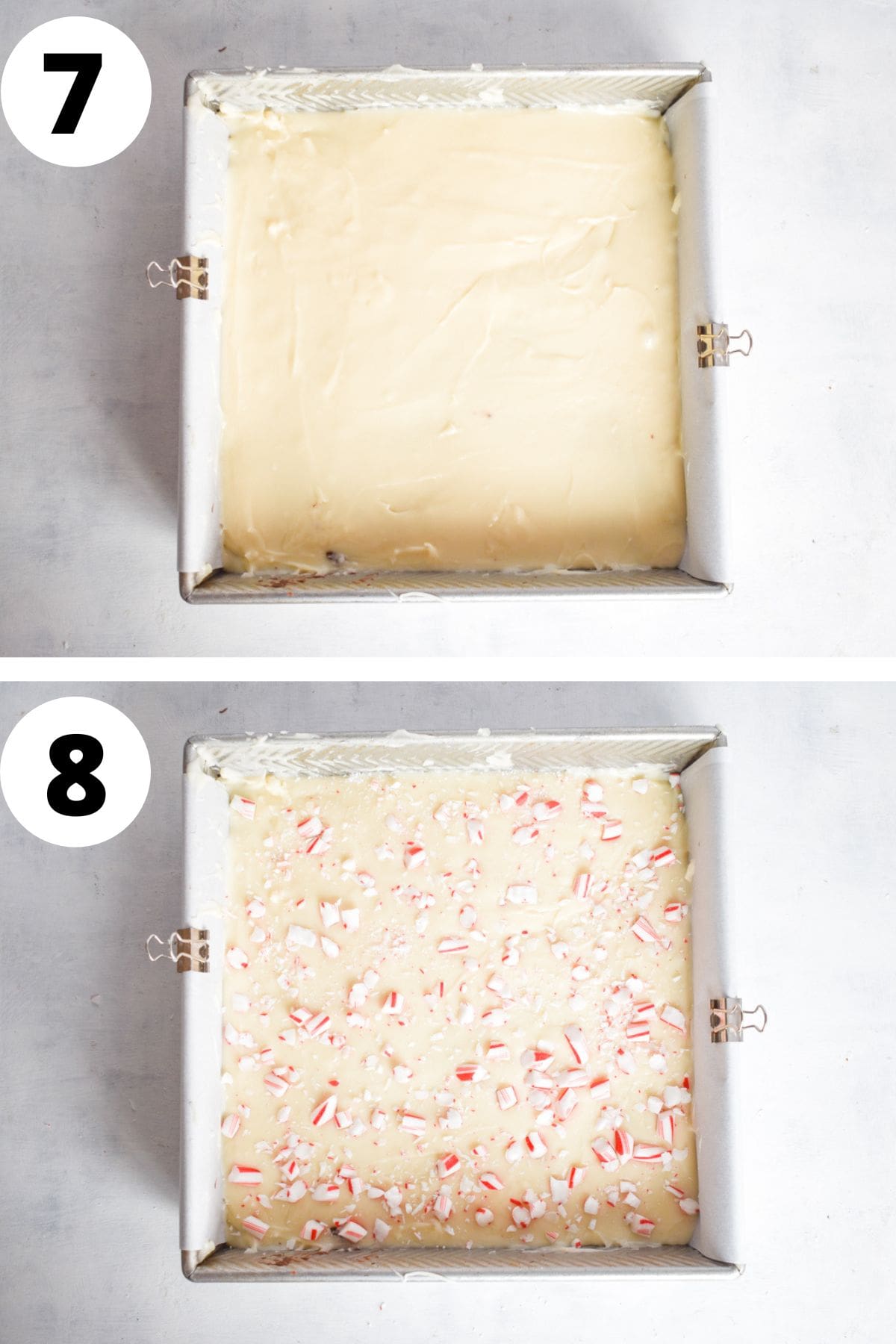 two images showing white chocolate fudge spread over top of chocolate fudge layer and crusted candy cane sprinkled over top. 
