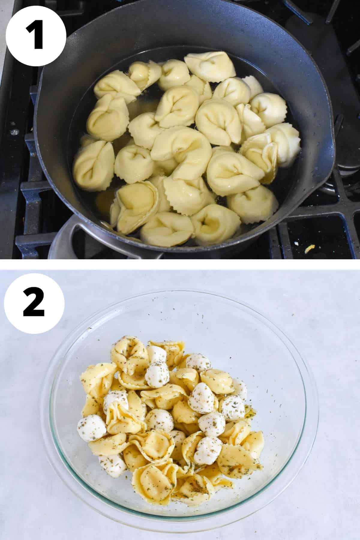 tortellini being prepared for recipe.