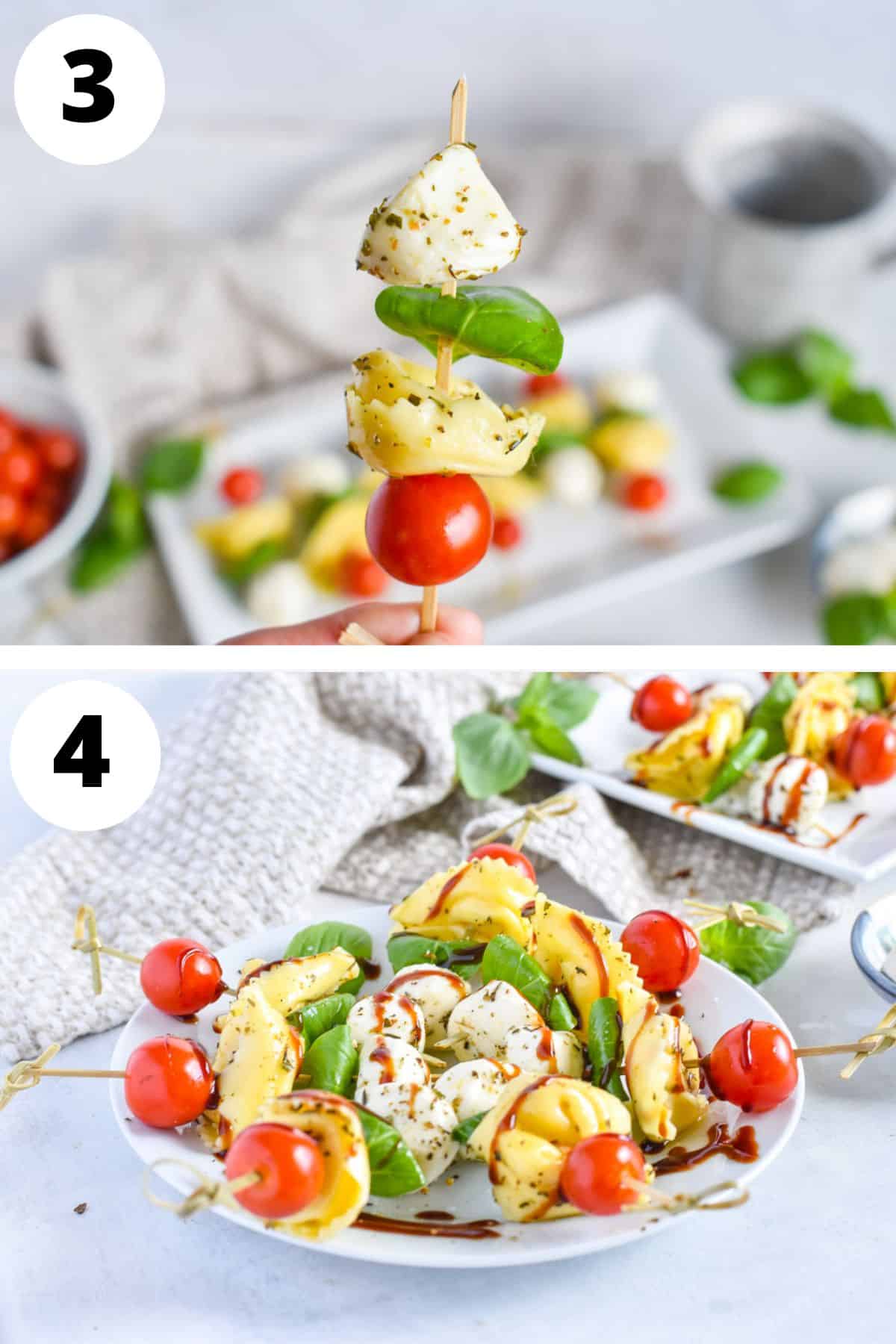 assemble and serve the tortellini caprese skewers.