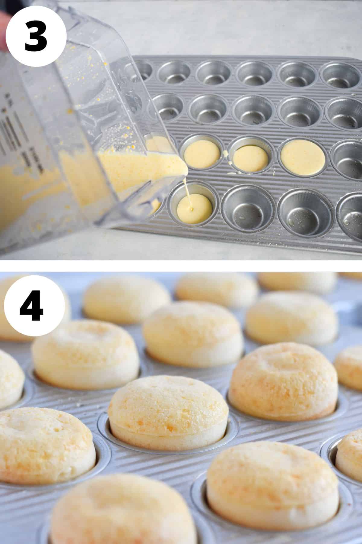 pao de queijo batter being poured into muffin pan and baked.