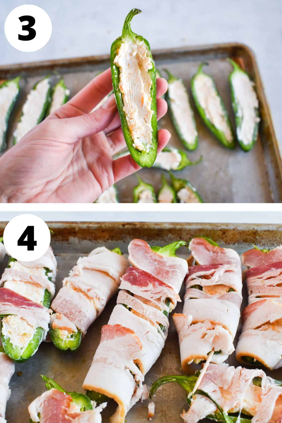 hand holding pepper filled with cream cheese and bacon wrapped jalapenos on baking sheet.
