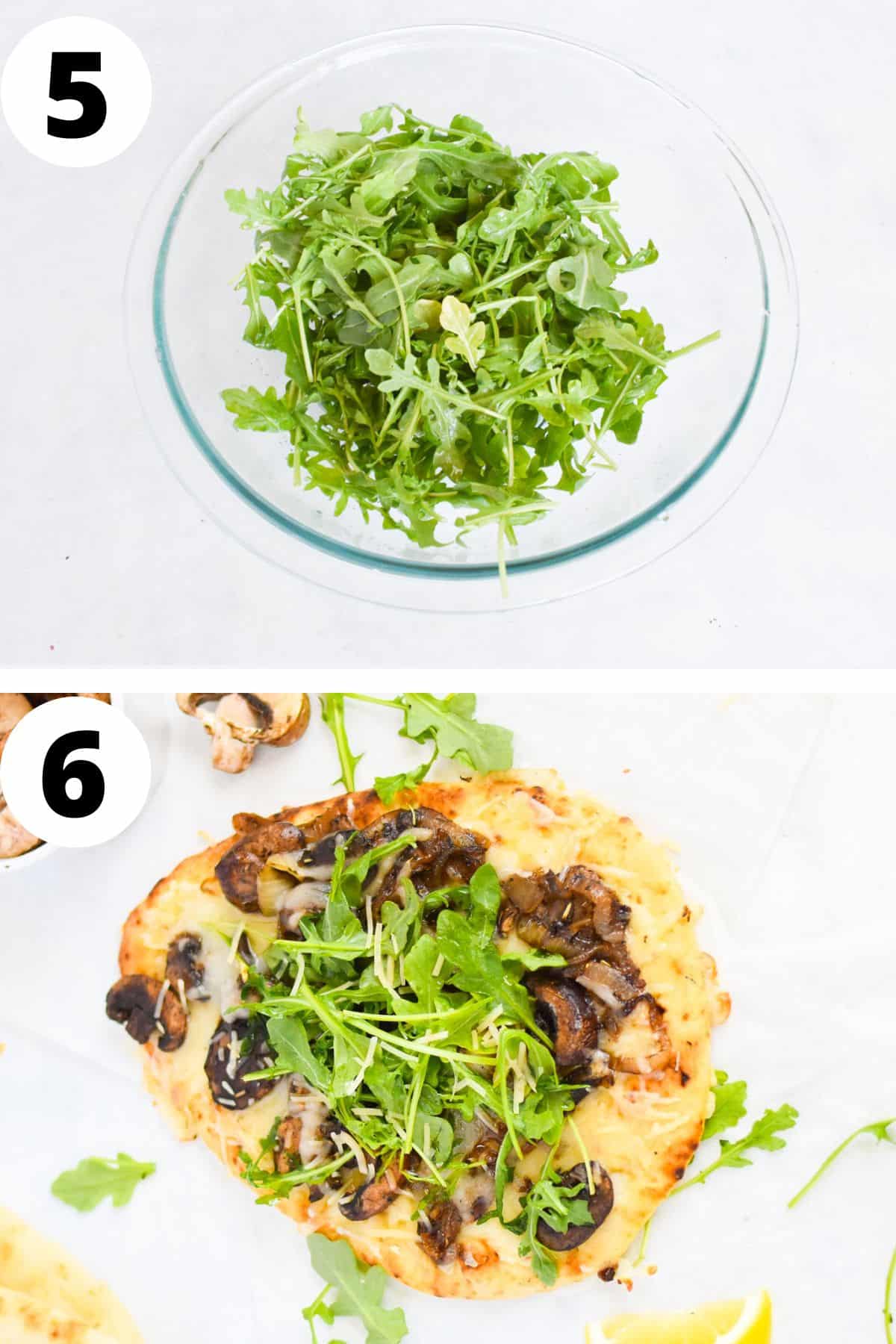 two images arugula in bowl and then on top of flatbread.