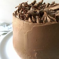 chocolate fudge frosting spread over a 3 layer cake
