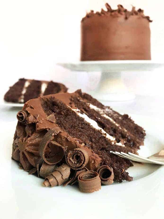 slice of perfect chocolate cake with cake in background