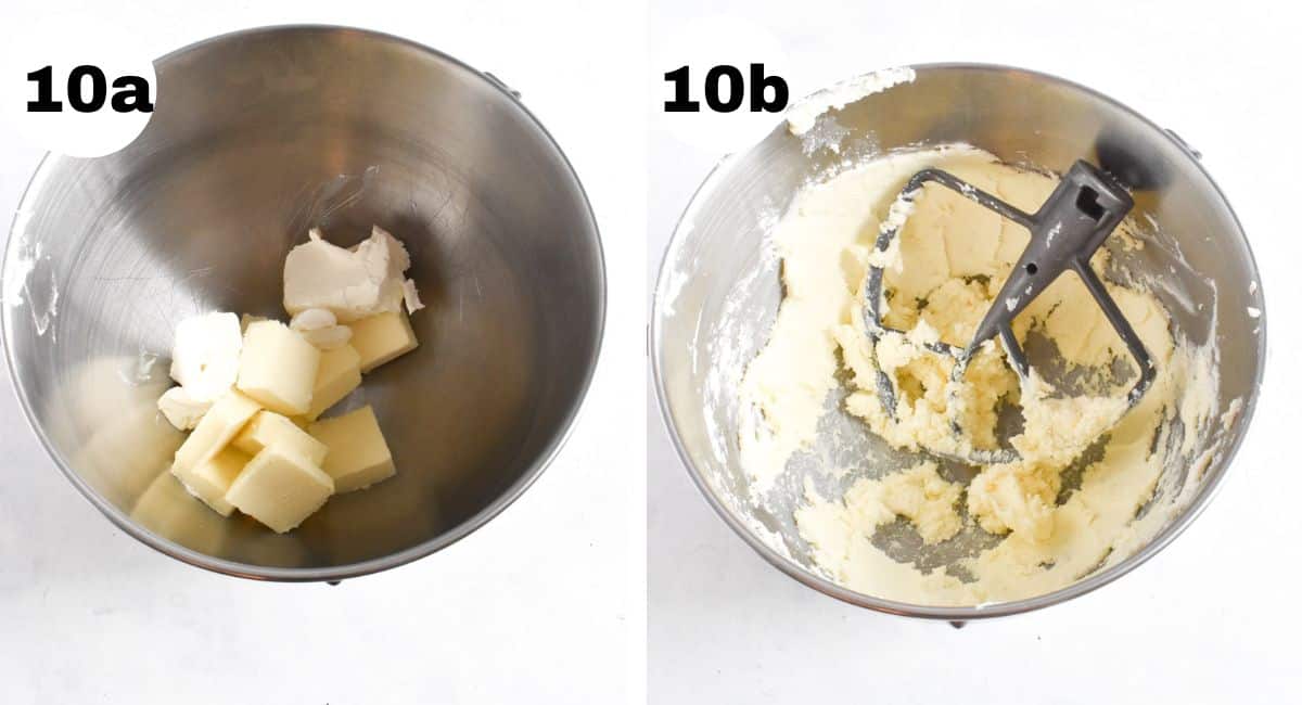 two images showing how to cream butter and cream cheese together. 