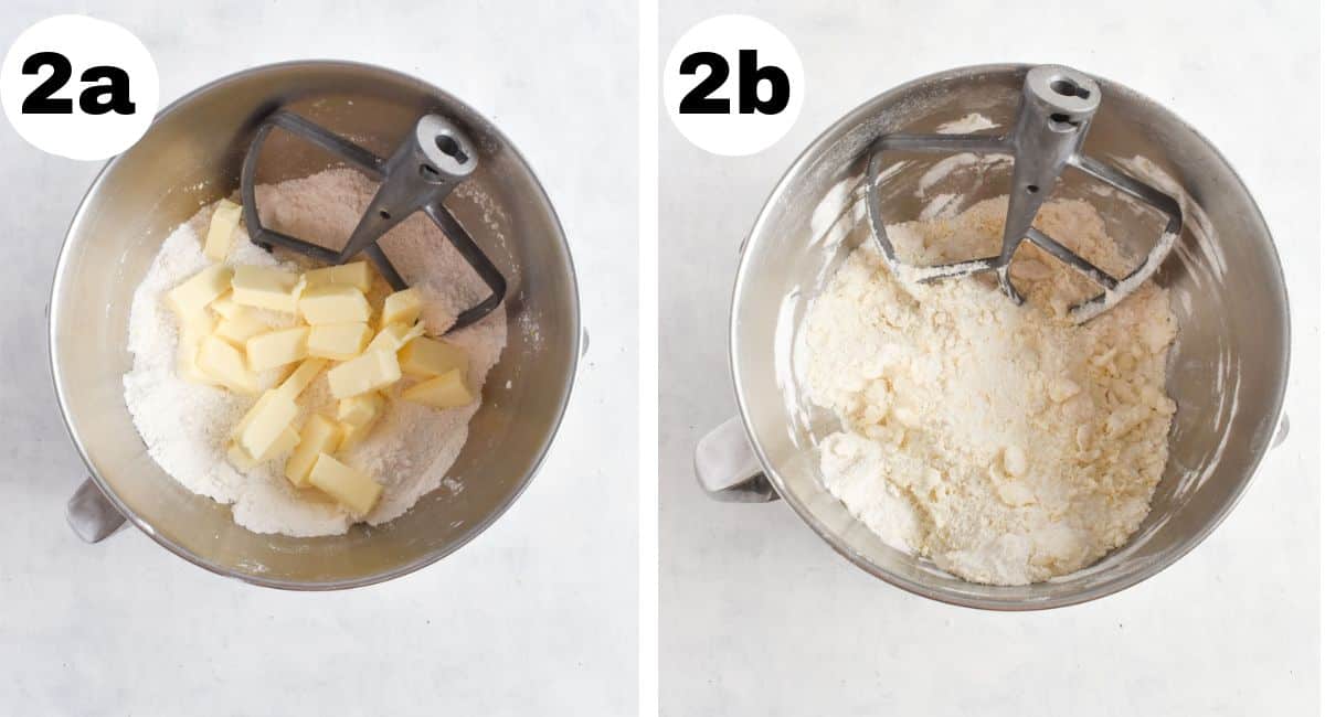 two images showing butter being added to dry ingredients. 