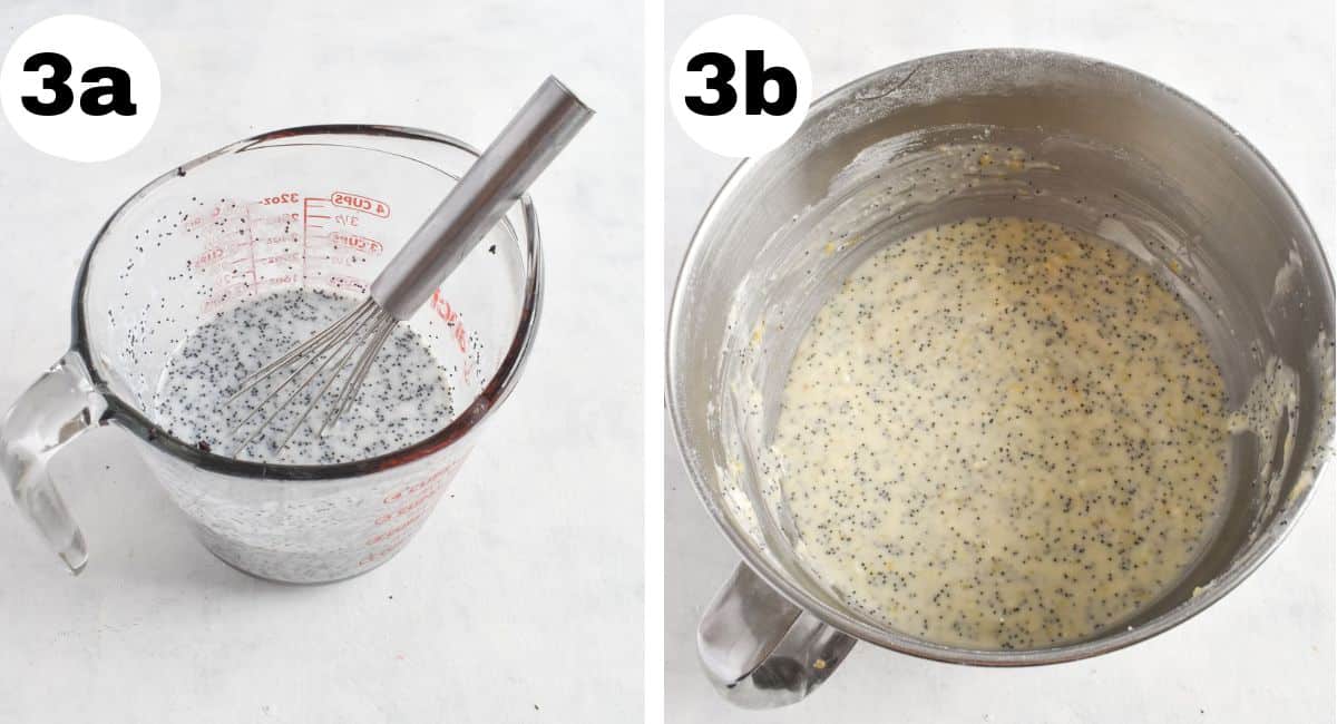 two images showing how add liquid ingredients to dry ingredients. 