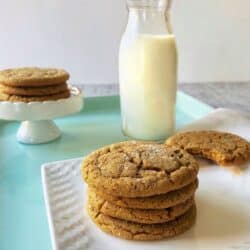 stack of ginger cookies and bottle of milk. featured image