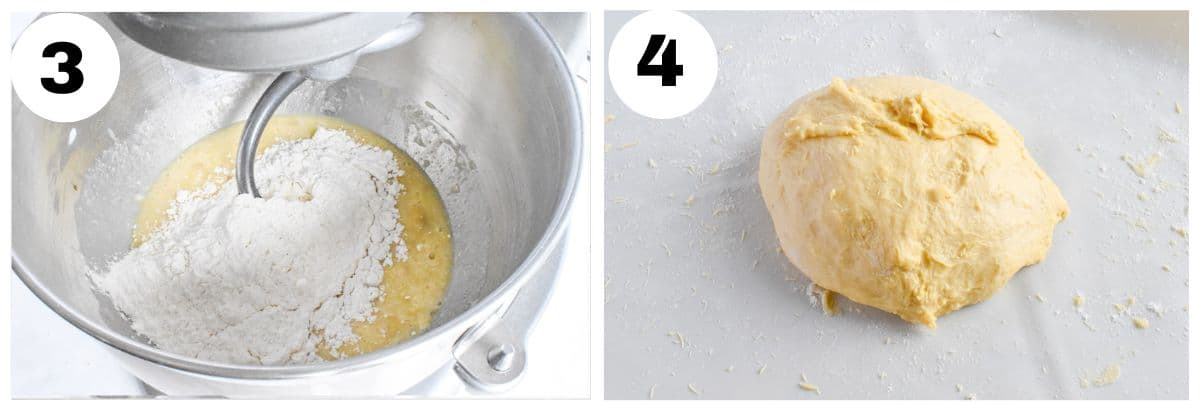 two images showing how to add flour and knead it into a ball. 