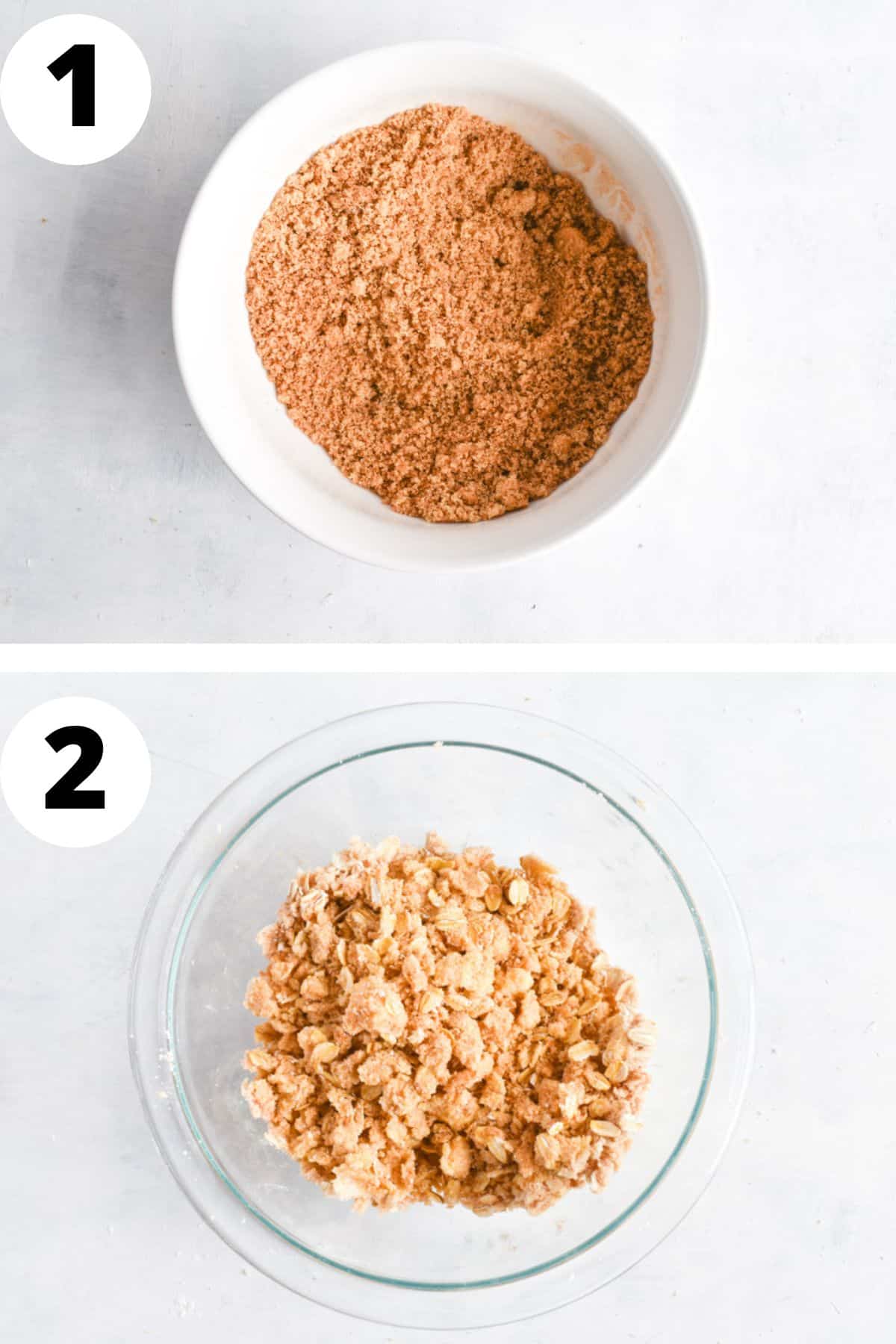 two images showing how to make cinnamon swirl and streusel. 