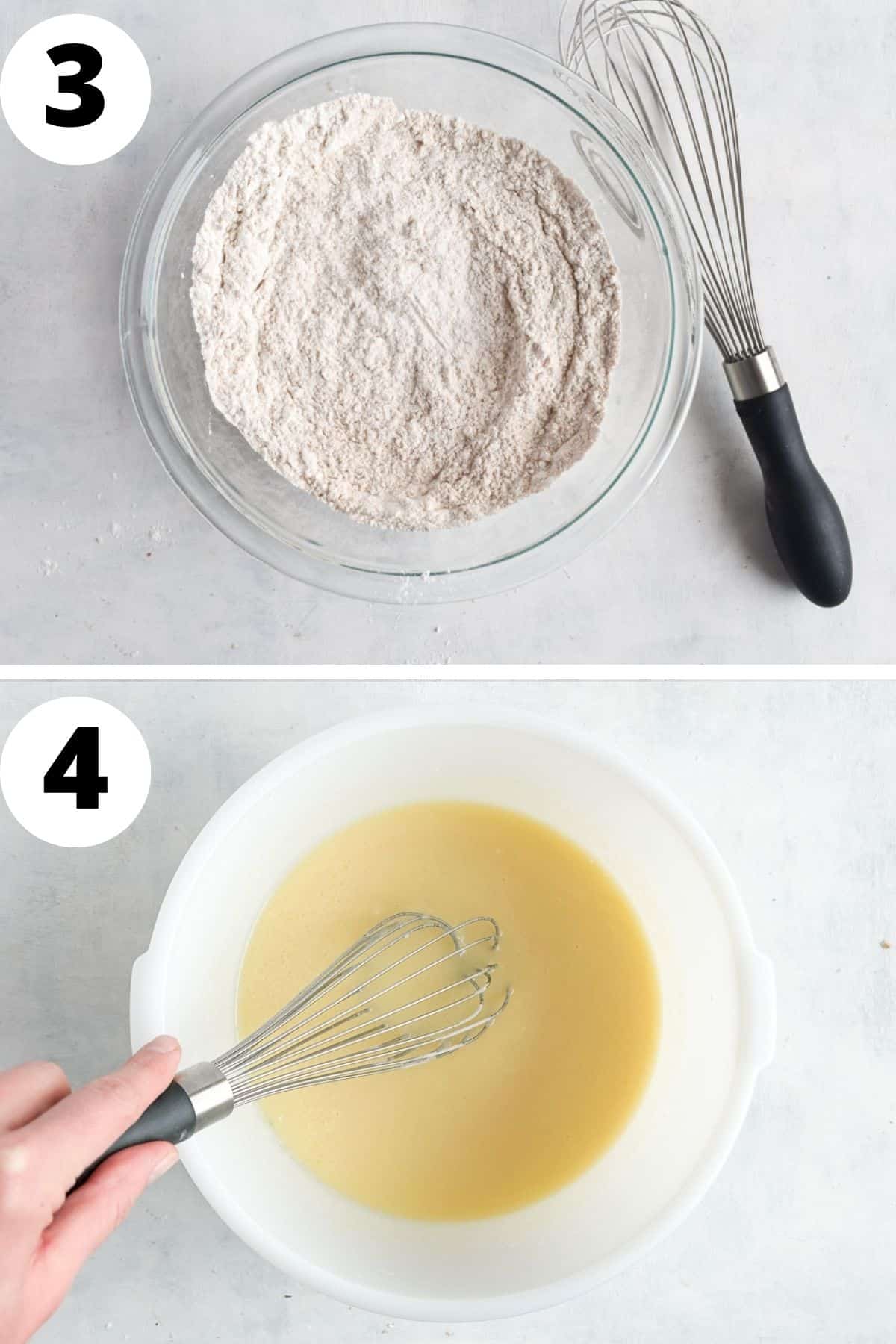 two images showing how to  whisk dry ingredients and wet ingredients. 
