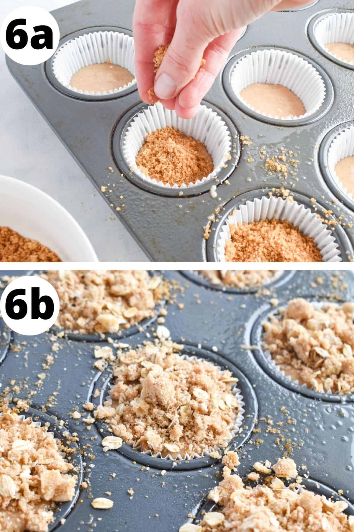 two images showing how to layer the muffin batter with cinnamon swirl and streusel.  