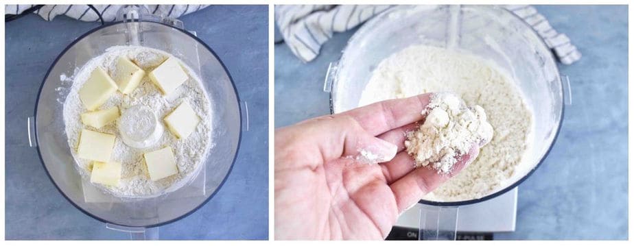 two images showing butter whole and then cut into flour