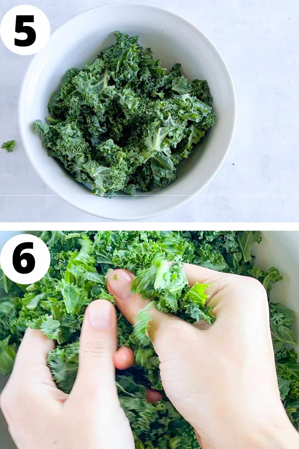 two images showing kale in a bowl and kale being massaged. 