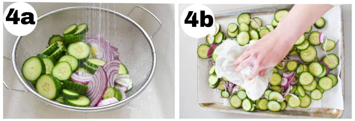 two images showing how to rinse cucumbers and pat cucumbers dry.