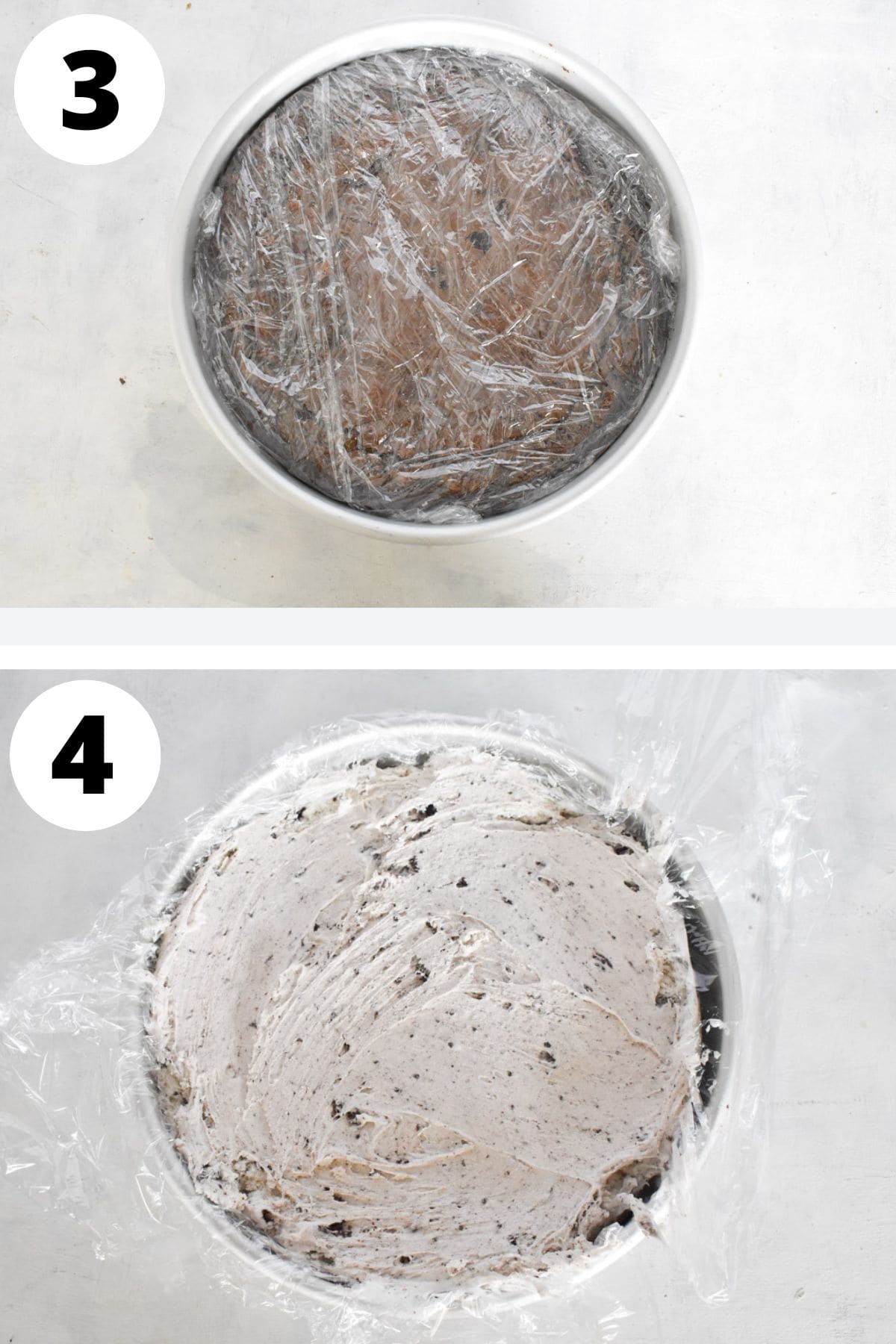brownies and ice cream being wrapped in plastic wrap.