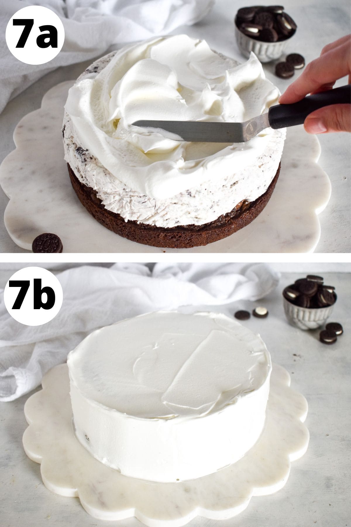 ice cream cake being frosted with whipped topping.