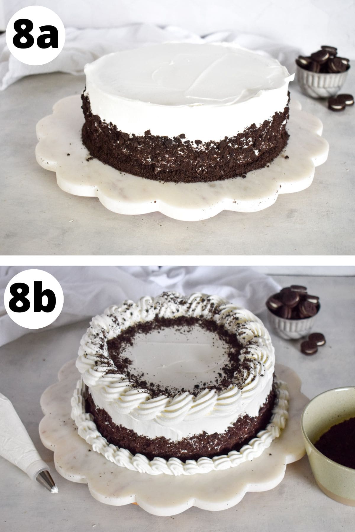 ice cream cake being decorated with cookie crumbs and swirls of whipped cream.