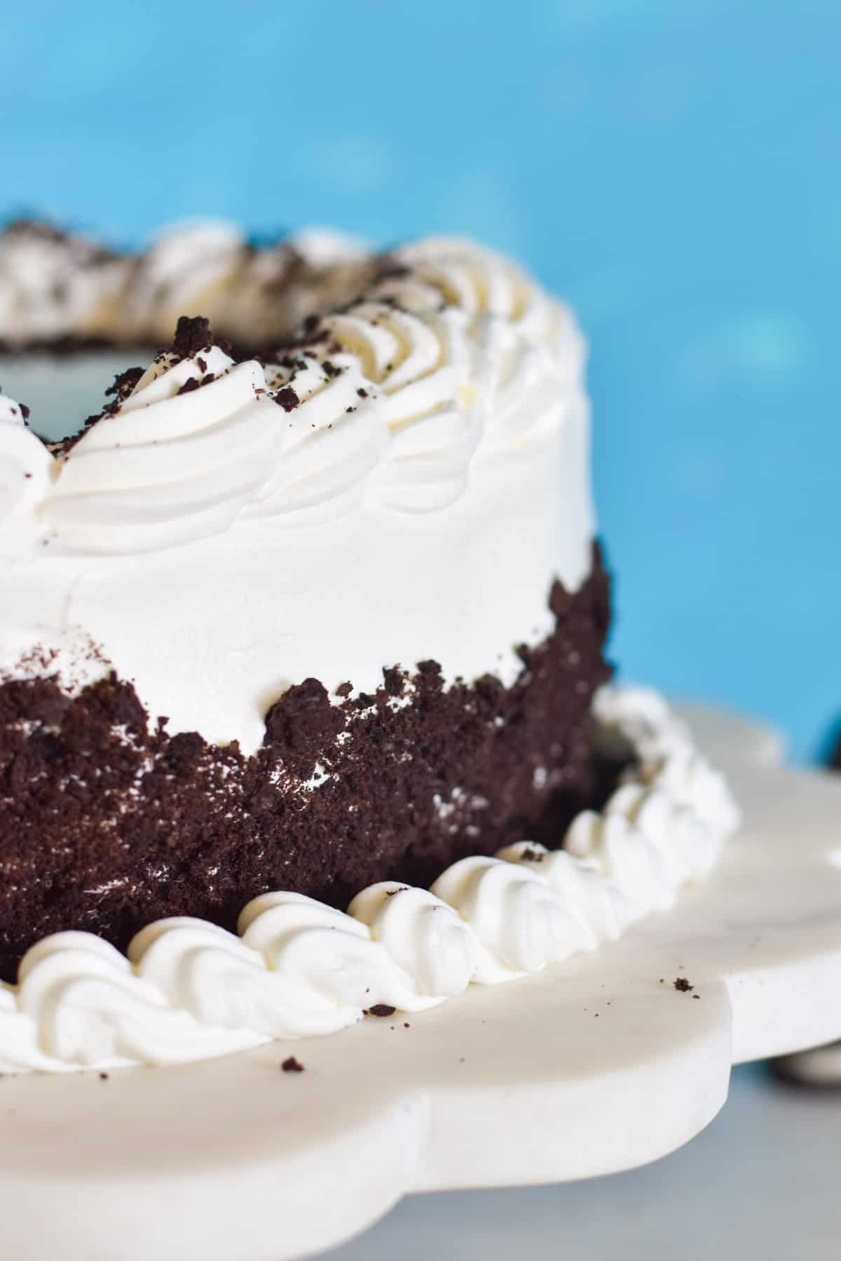 decorated ice cream cake close up.