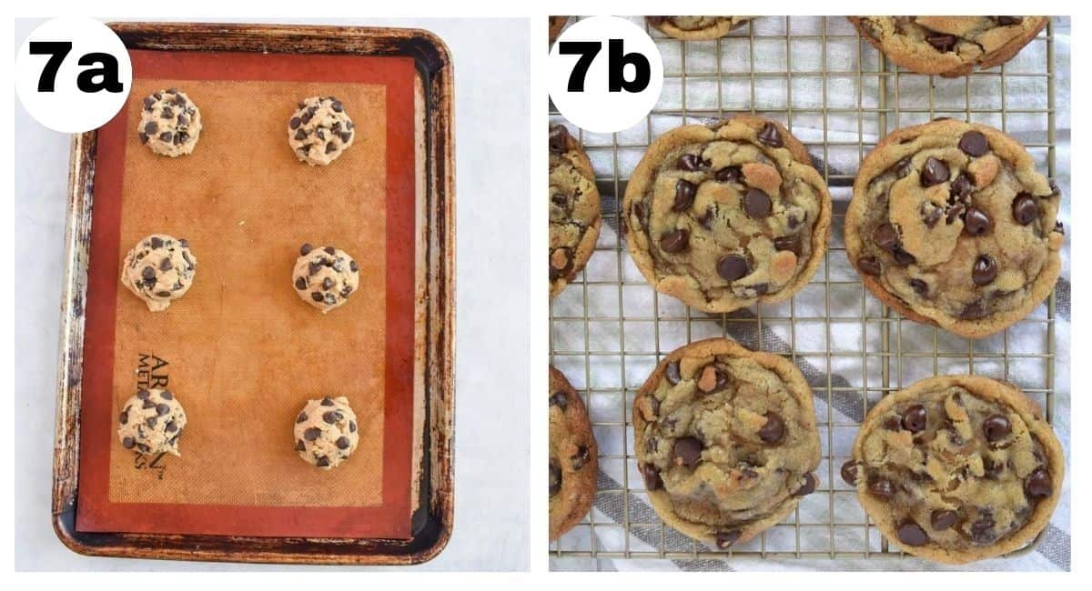 images showing cookie dough on baking sheet and then baked cookies on cooling rack. 