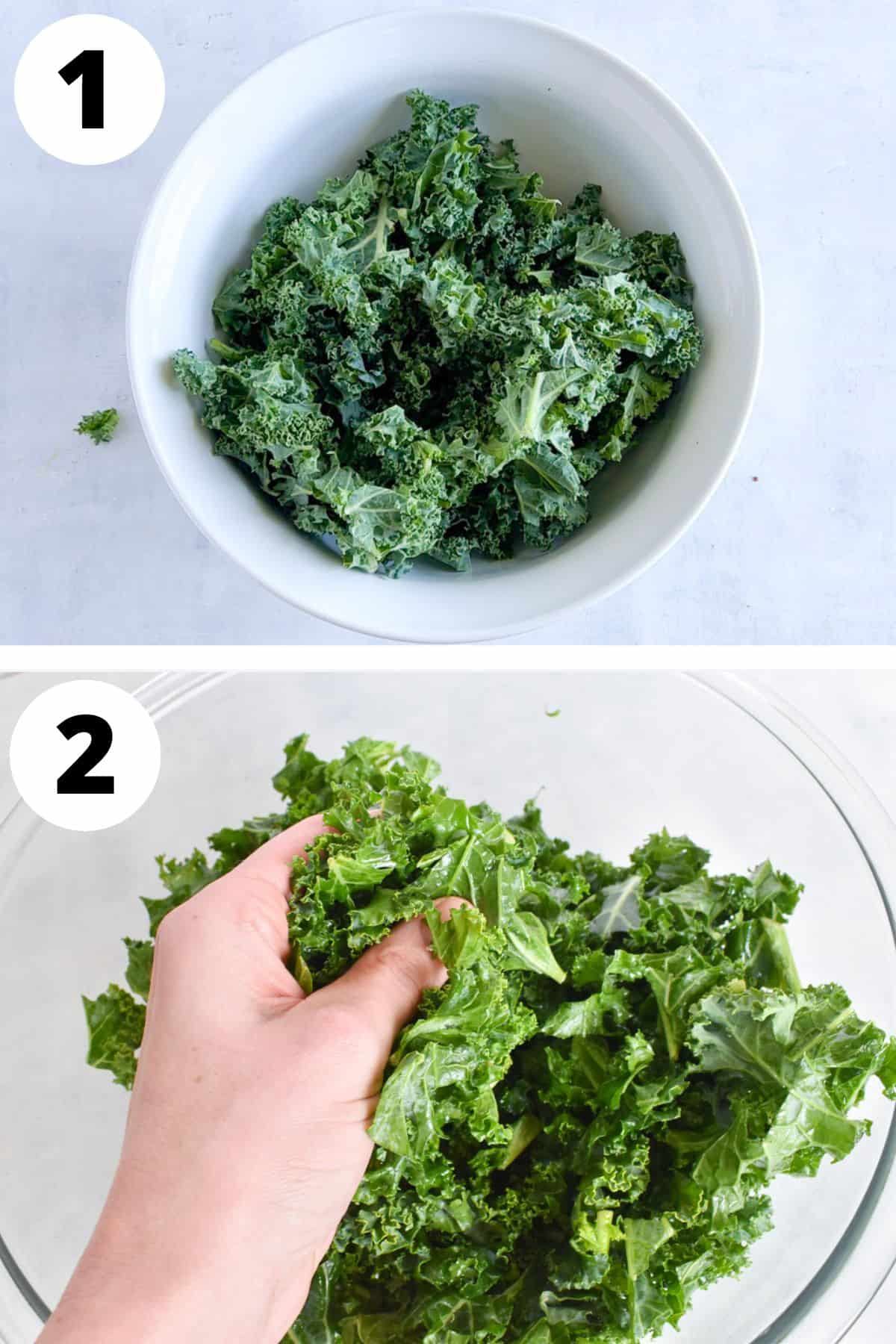 kale being massaged and prepared for salad.