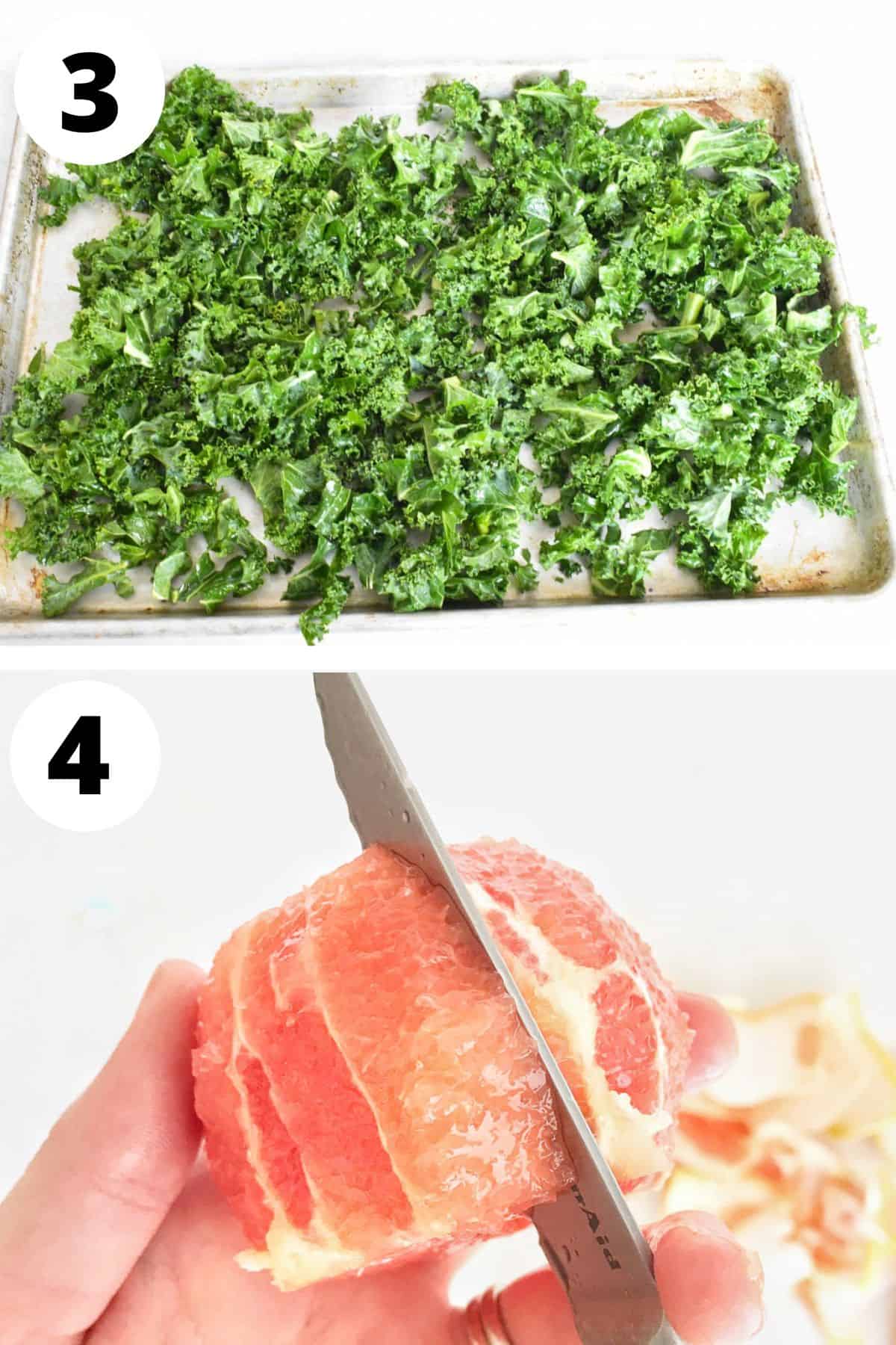 broiled kale on sheet pan and grapefruit being sliced and segmented.