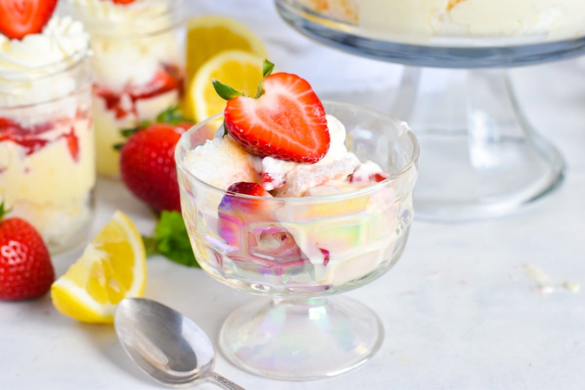 Scoop of trifle in small glass bowl.