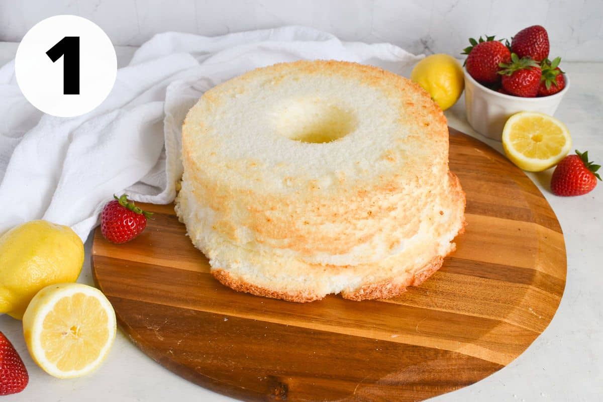 angel food cake on wooden board.