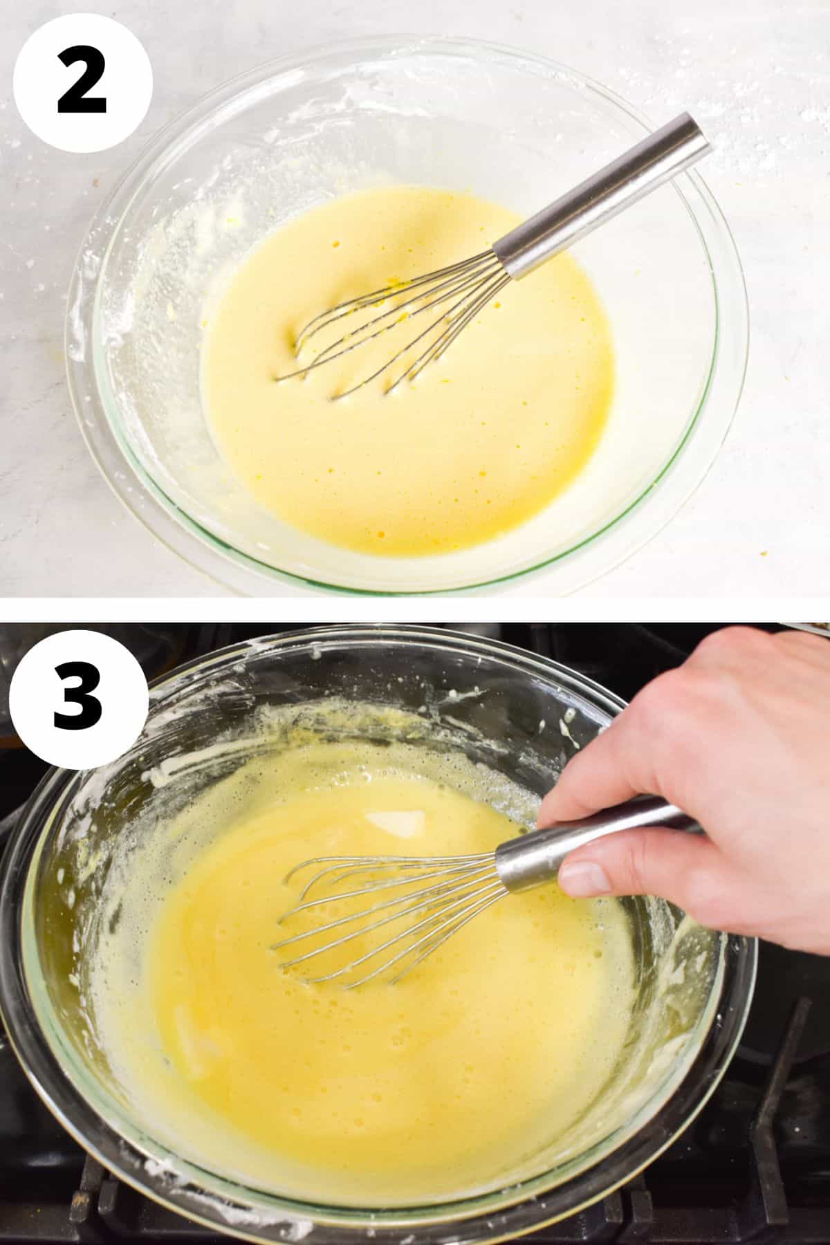 lemon curd being mixed and then cooked on the stove.