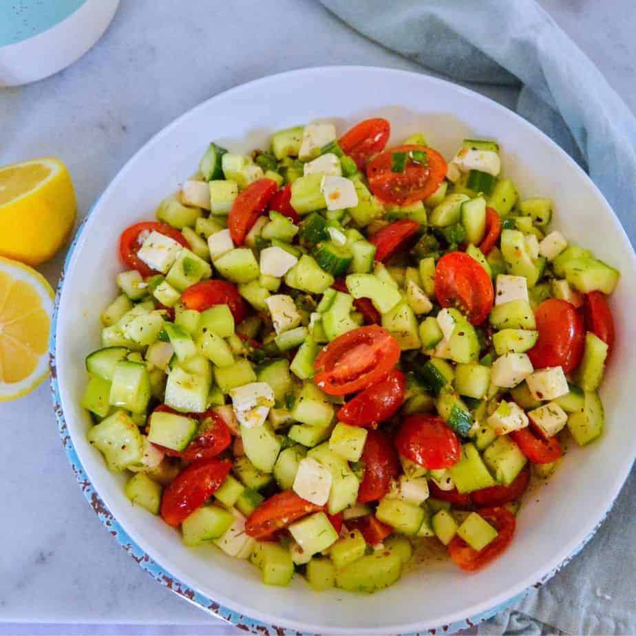 white bowl of Mediterranean salad. featured image