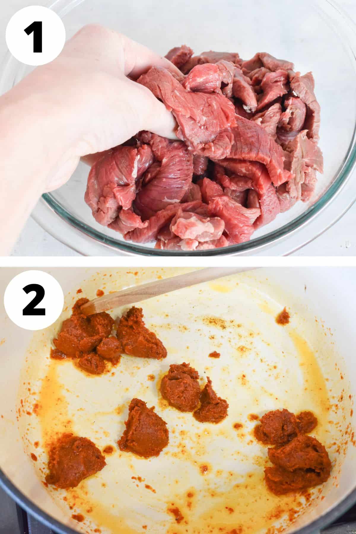 beef being prepped and curry paste being fried in pan.