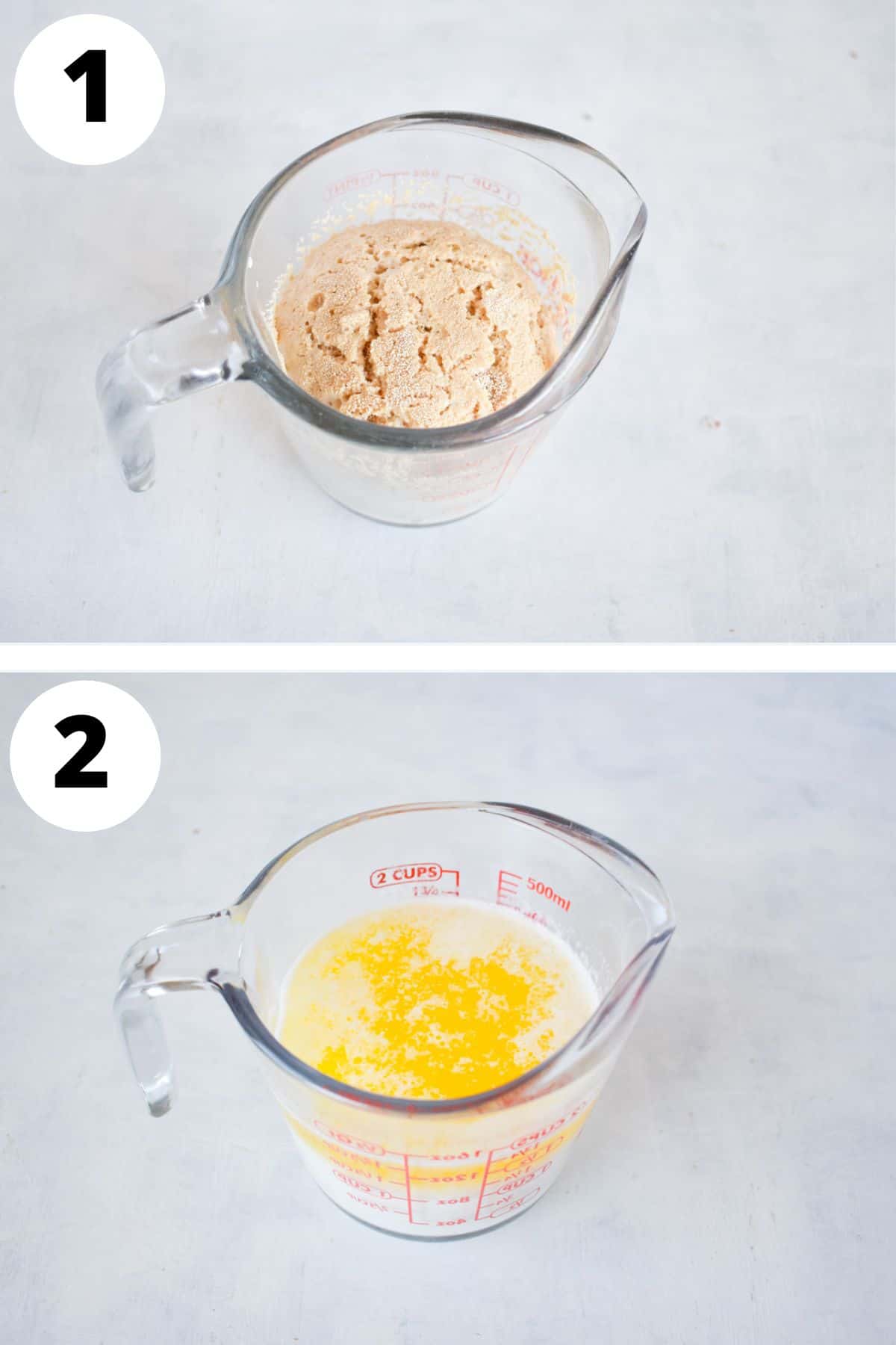 Preparing the yeast and milk and butter for the recipe.