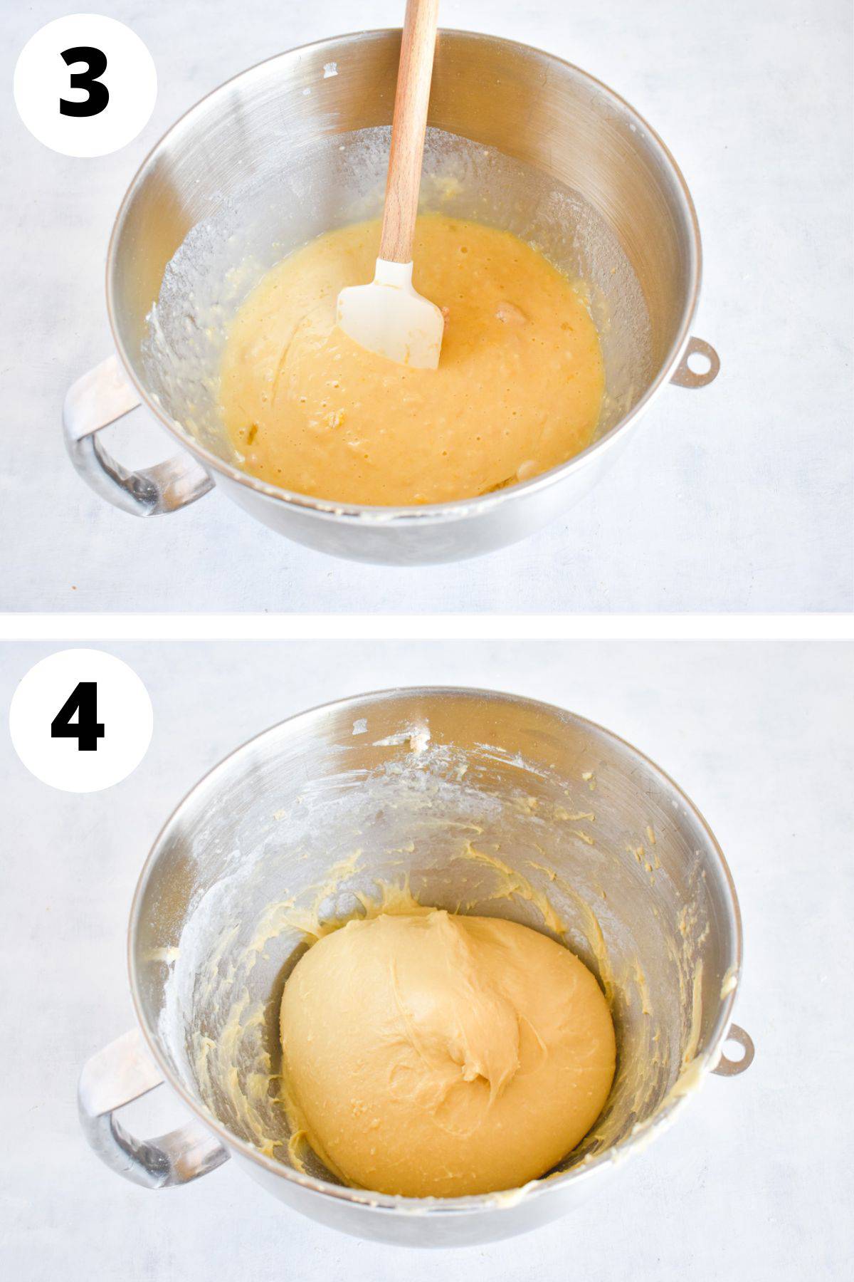 brioche roll dough kneaded in metal bowl.