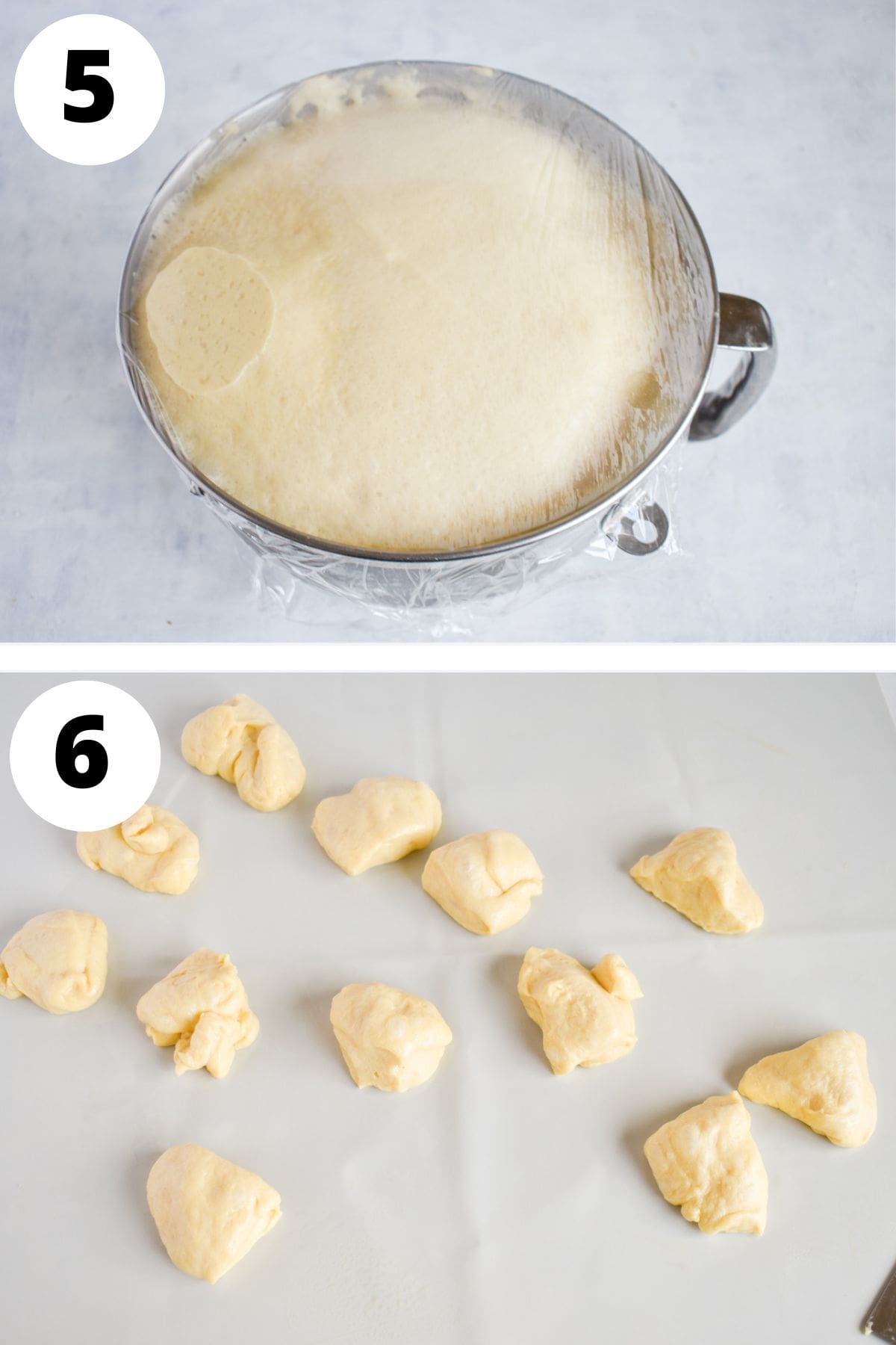Dough risen and divided into small section for rolls.
