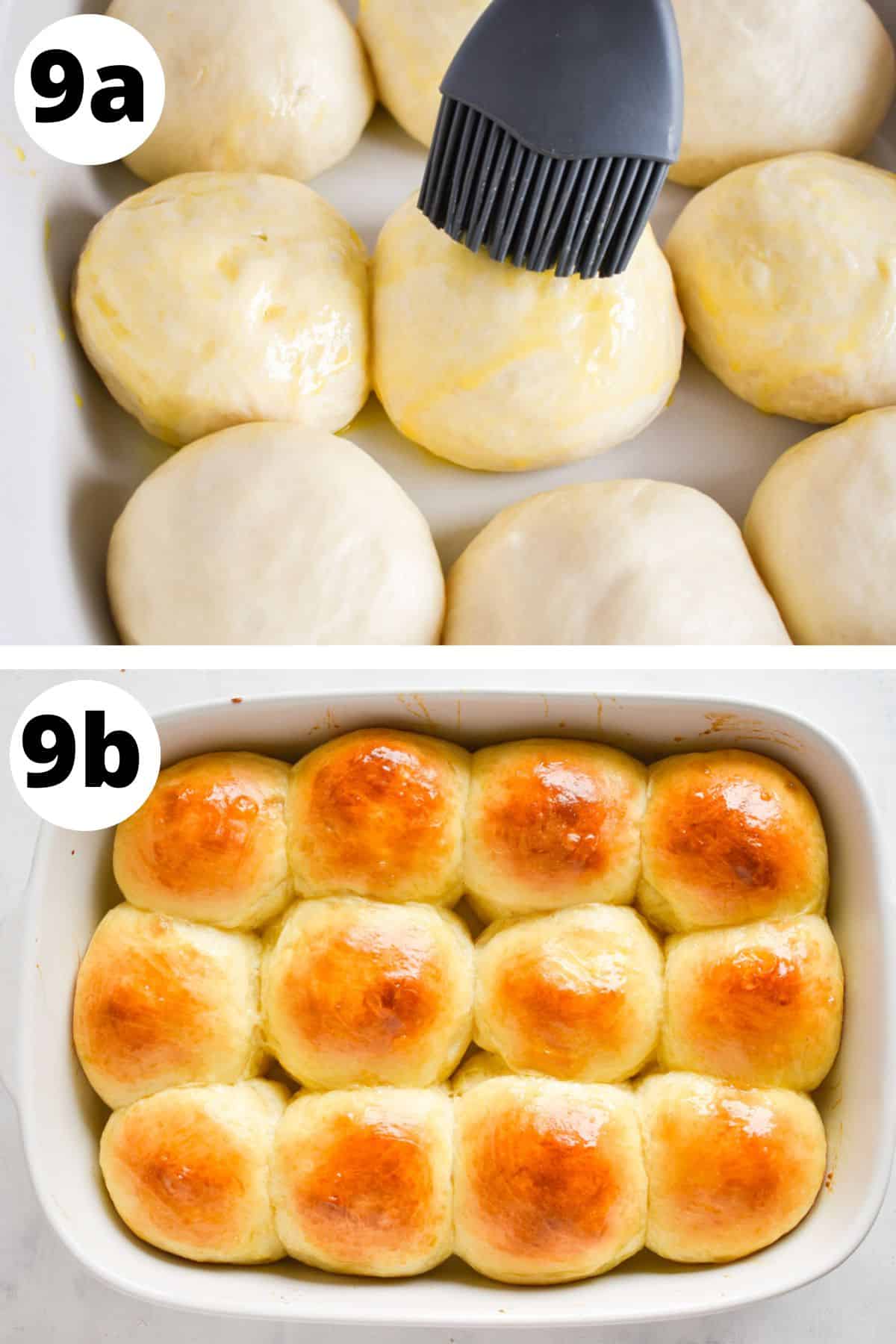 dinner rolls being egg washed and baked.
