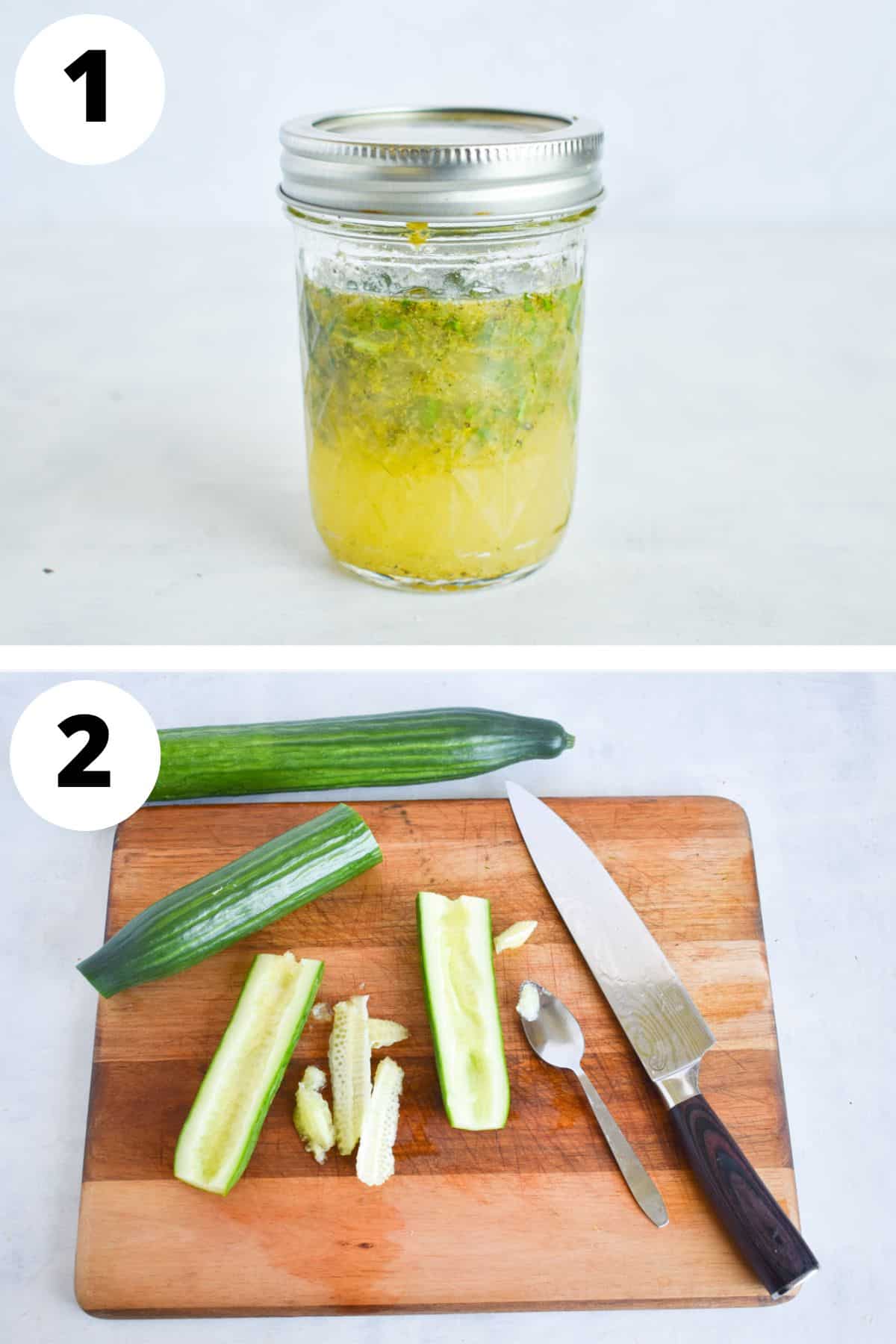 dressing and cucumber prepared for salad.