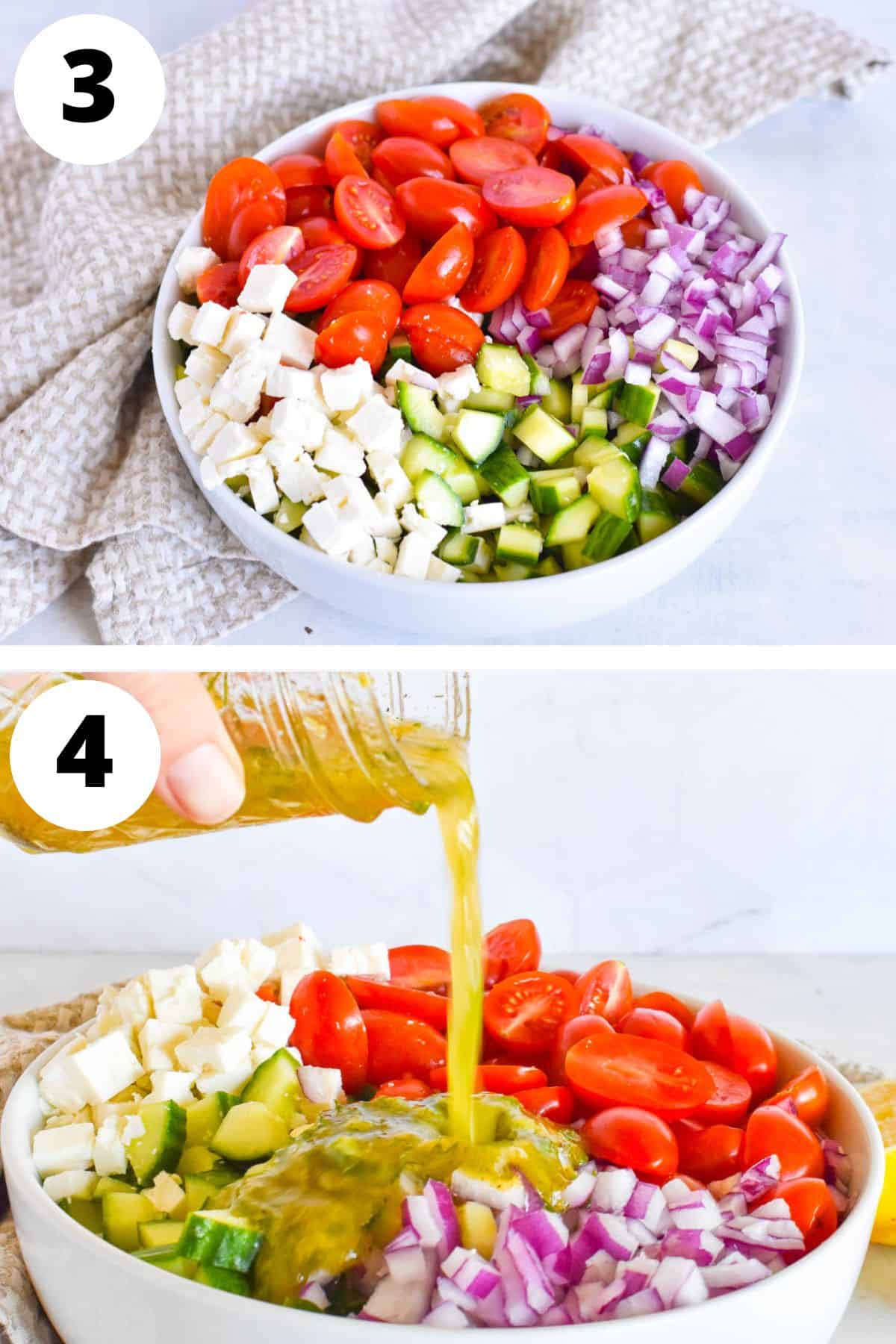 salad being coated with dressing.