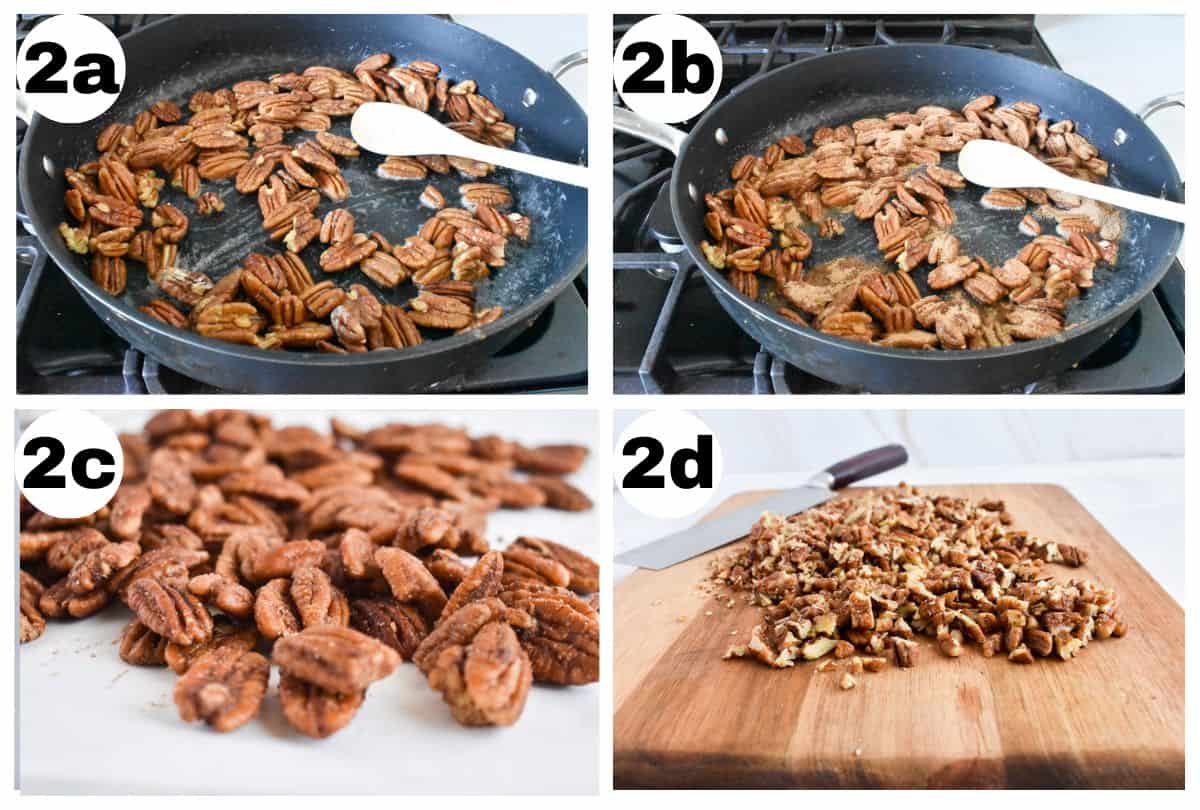 4 images showing how to butter pecans. 