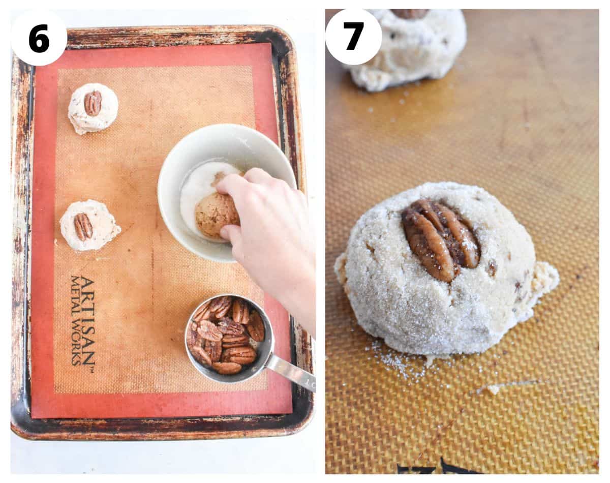 2 images showing how to roll dough in sugar and top with pecan. 