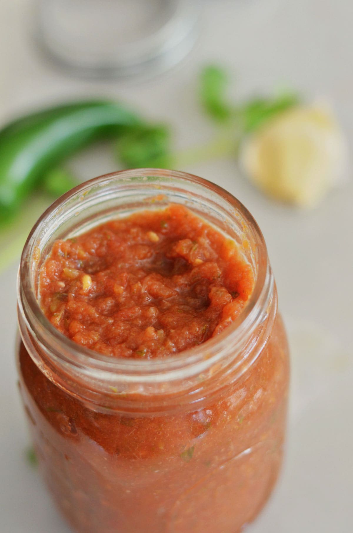 open jar of homemade salsa.
