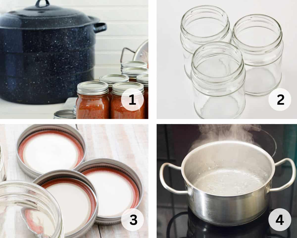 four numbered pictures showing how to prepare the jars and equipment for canning.