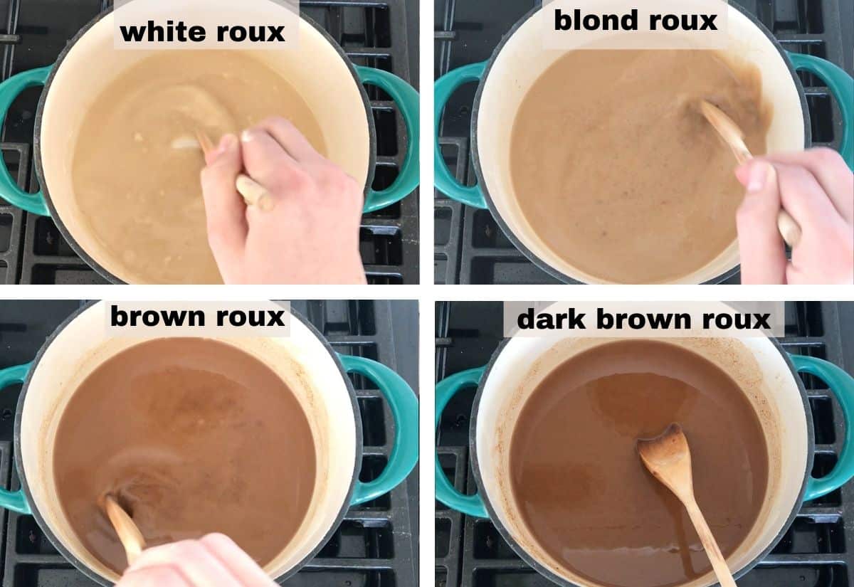 4 images showing the various color stages of a roux. 