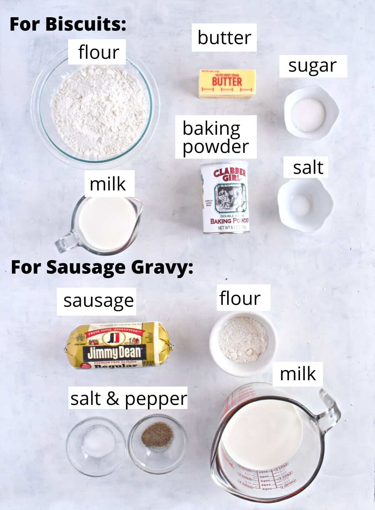 ingredients for recipe laid out with labels over them. 