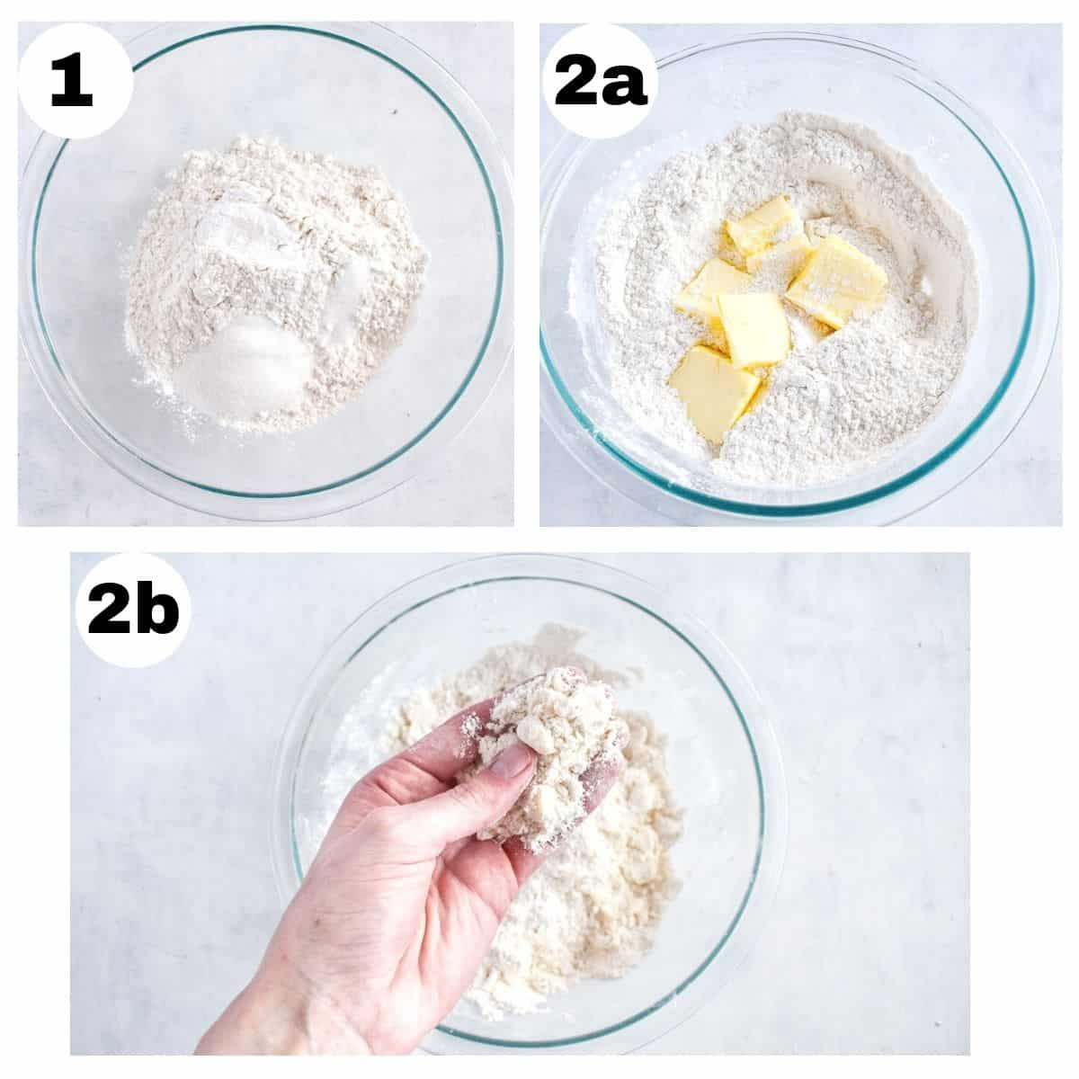 3 images showing put the butter in the dry mixture. 