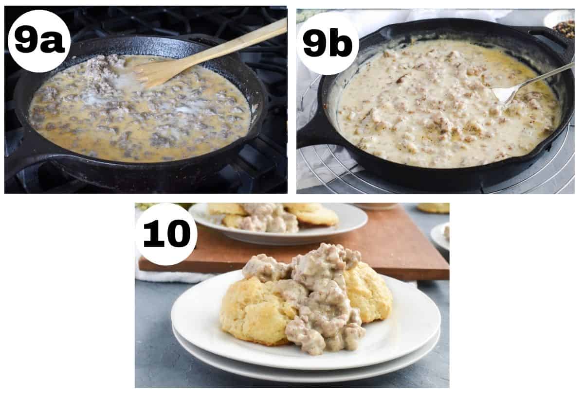 3 images showing how to thicken and serve sausage gravy. 